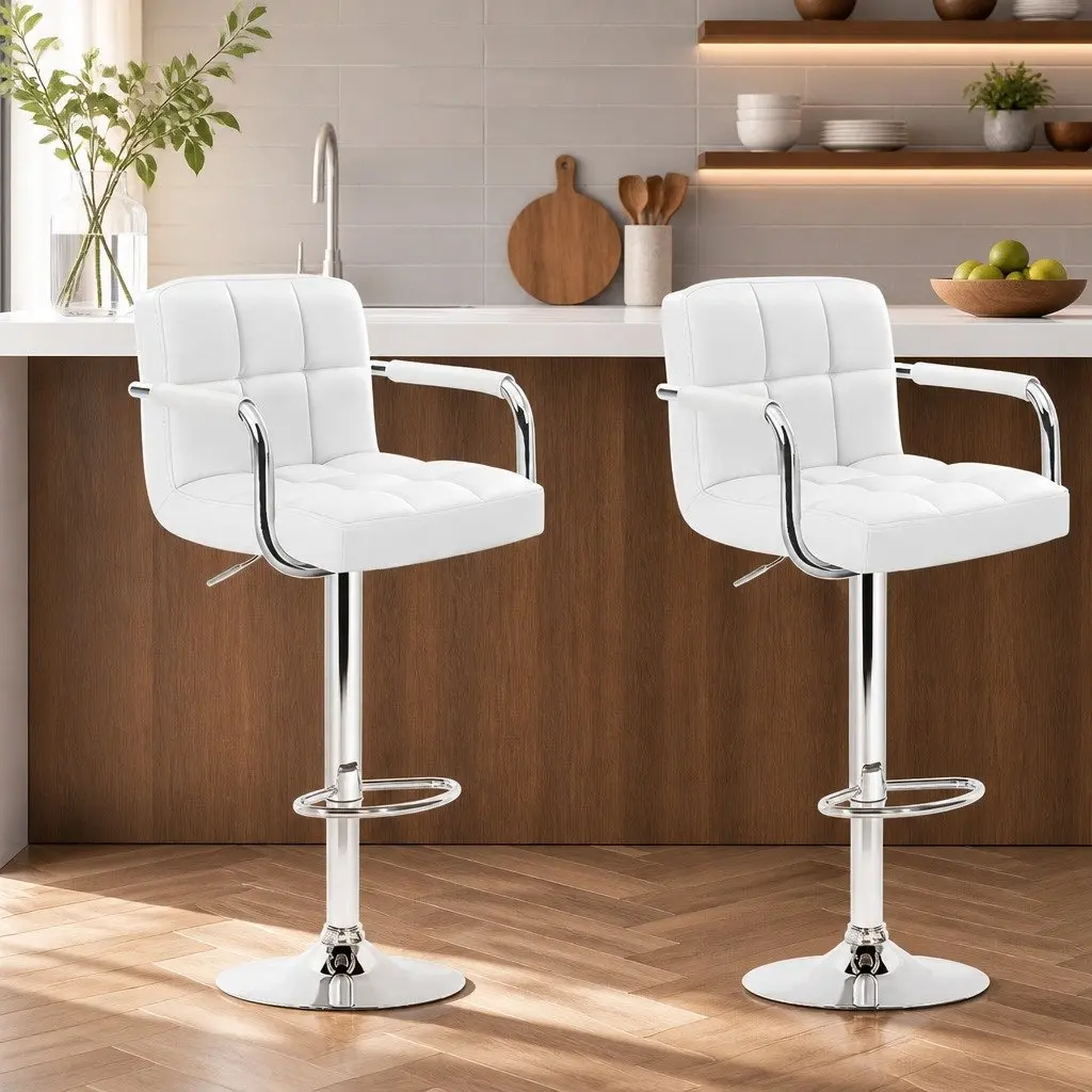 Bar Stools PU Leather Adjustable Height White 2 Piece