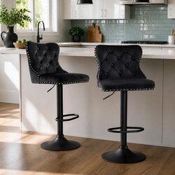 Set of 2 Adjustable Velvet Bar Stools with Nailhead