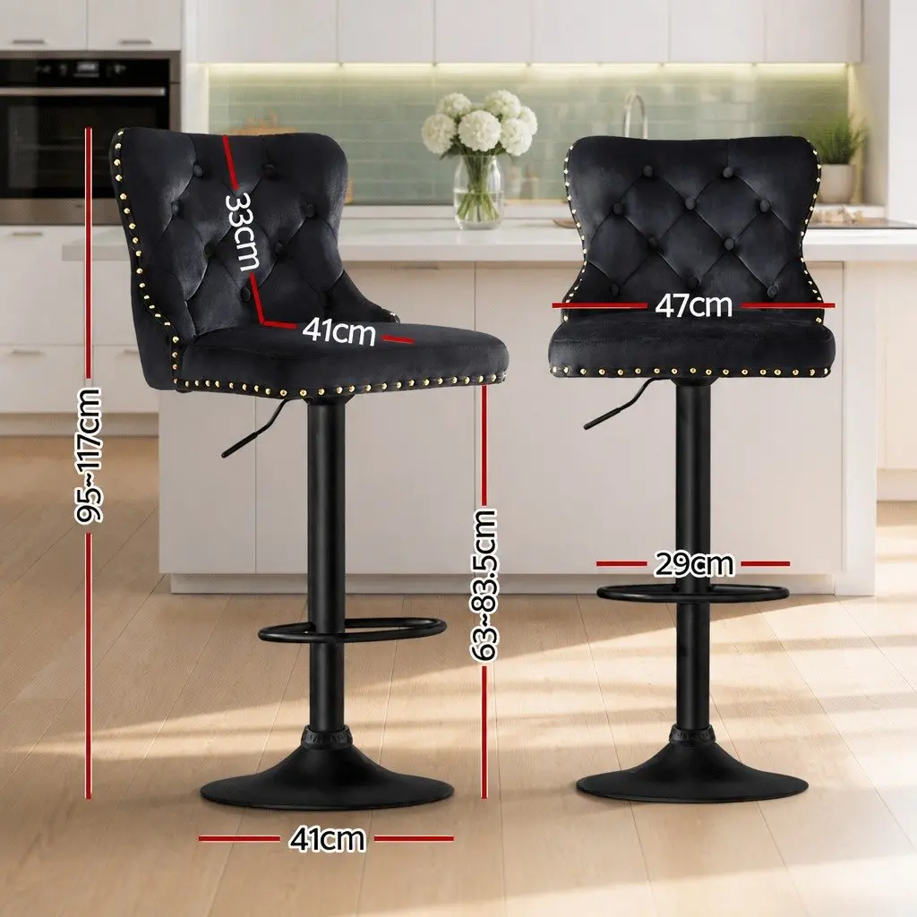 Bar Stool Velvet Padded Adjustable Height Black Set of 2
