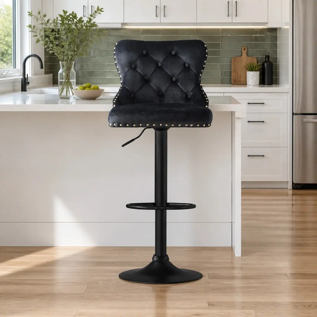 Bar Stool Velvet Padded Adjustable Height Black Set of 2