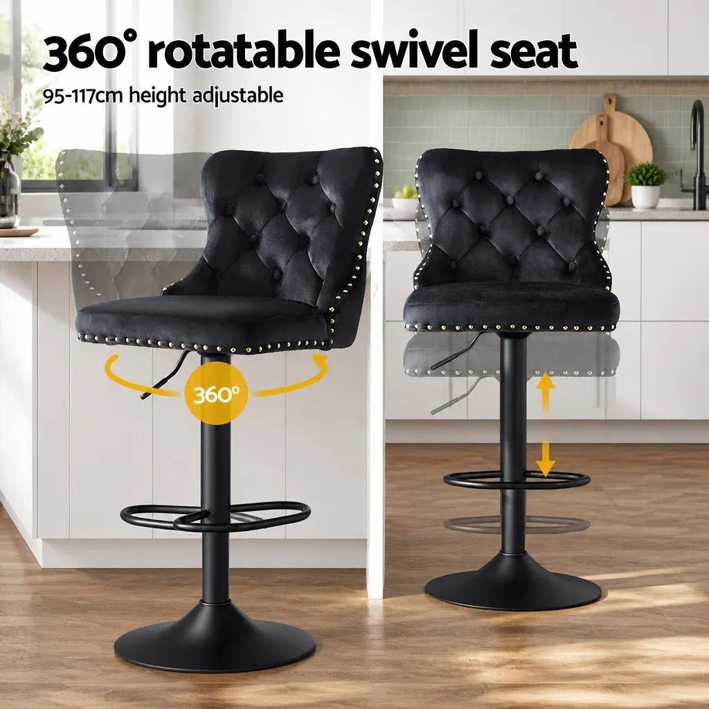 Bar Stool Velvet Padded Adjustable Height Black Set of 2
