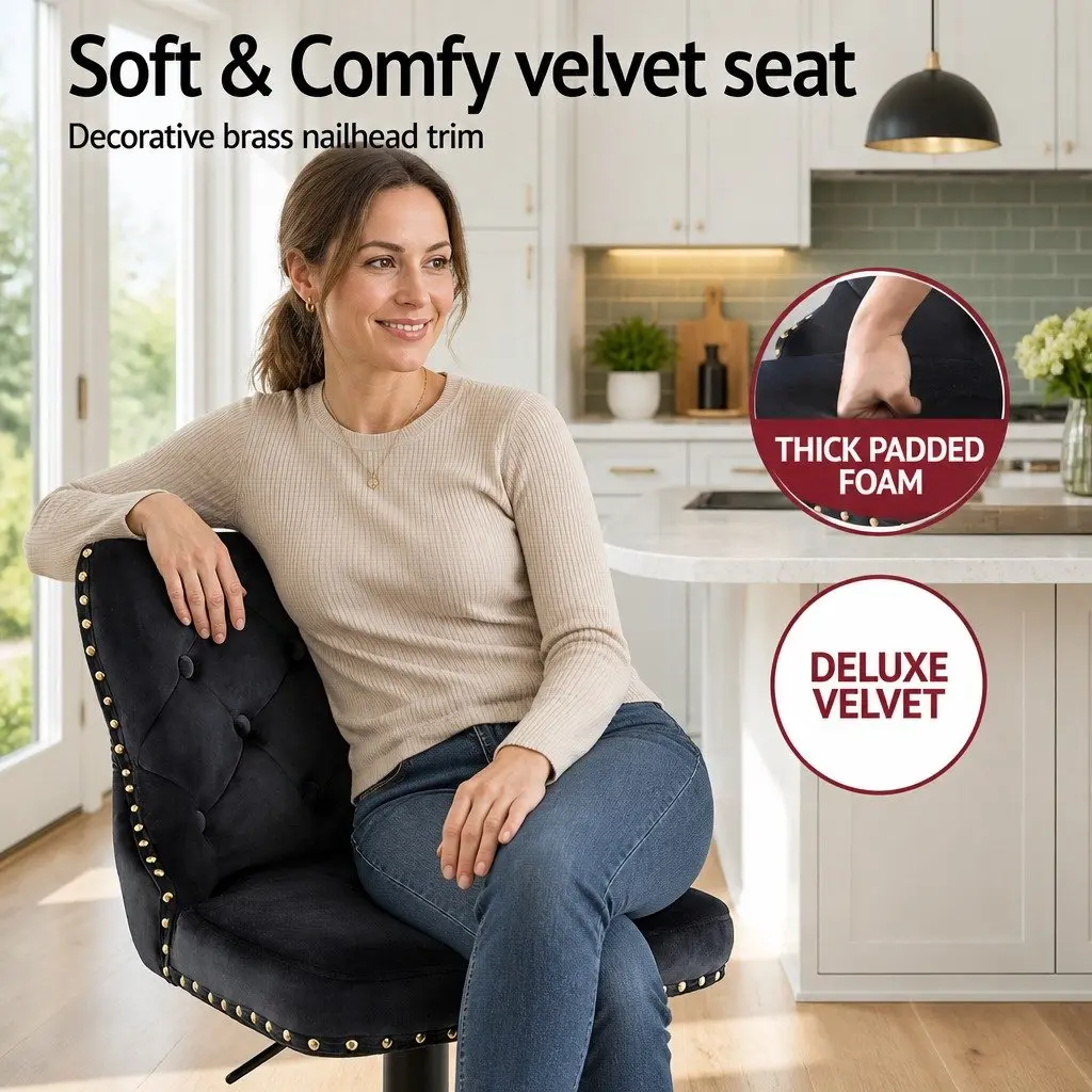 Bar Stool Velvet Padded Adjustable Height Black Set of 2