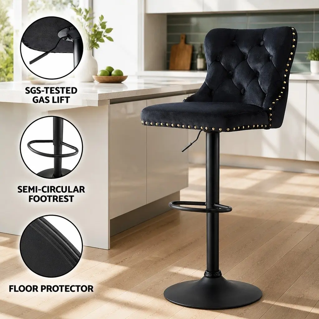 Bar Stool Velvet Padded Adjustable Height Black Set of 2