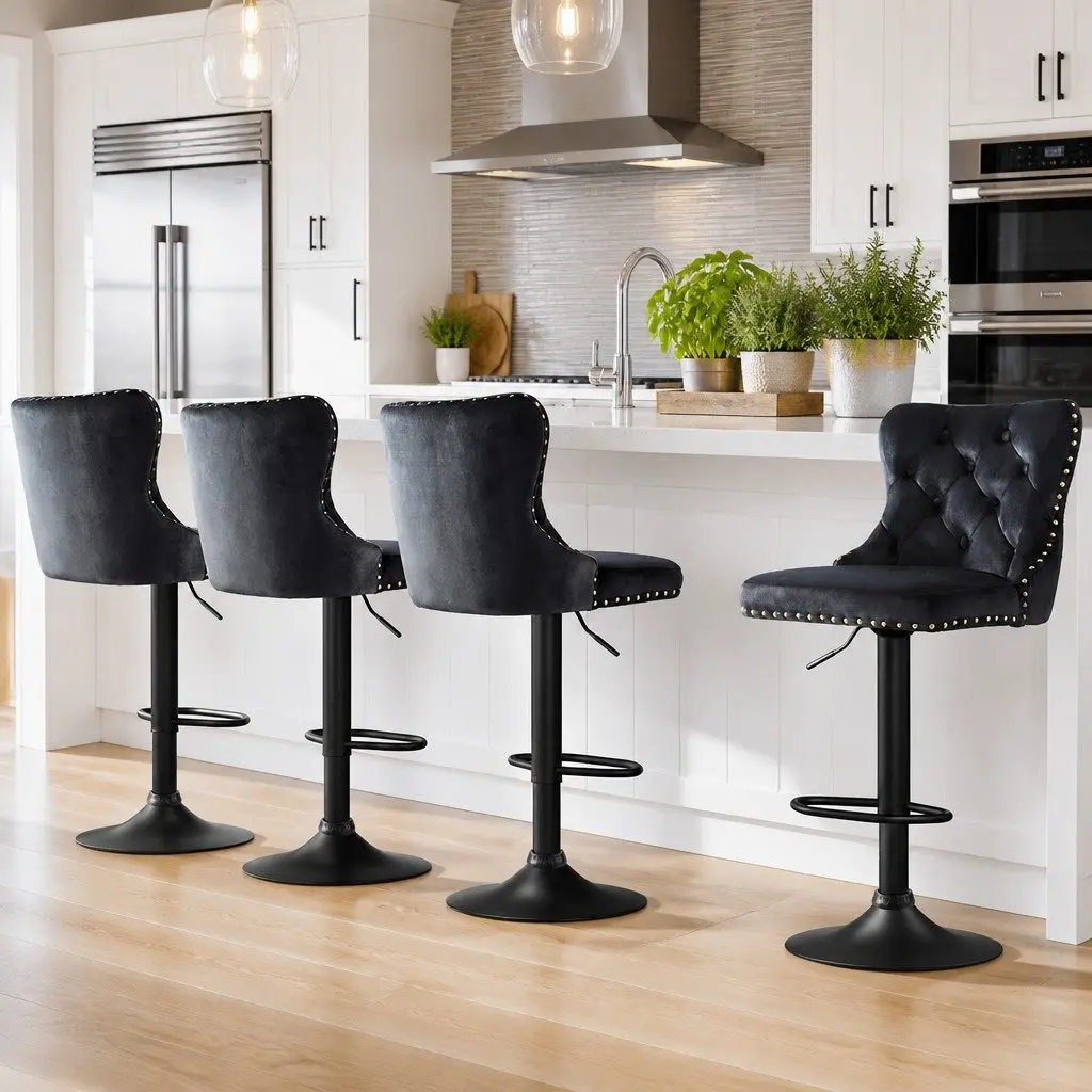 Bar Stools Velvet Adjustable Height 4 Piece Black