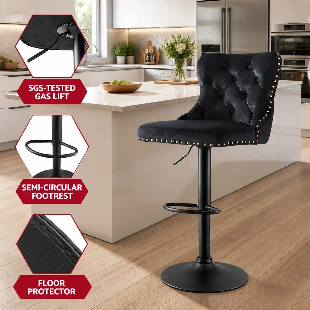 Bar Stools Velvet Adjustable Height 4 Piece Black