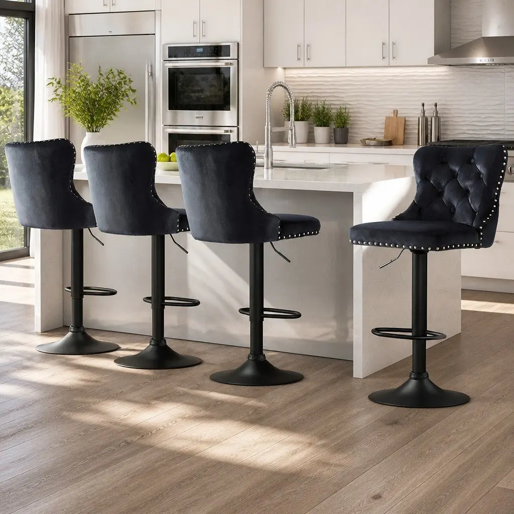 Bar Stools Velvet Adjustable Height 4 Piece Black