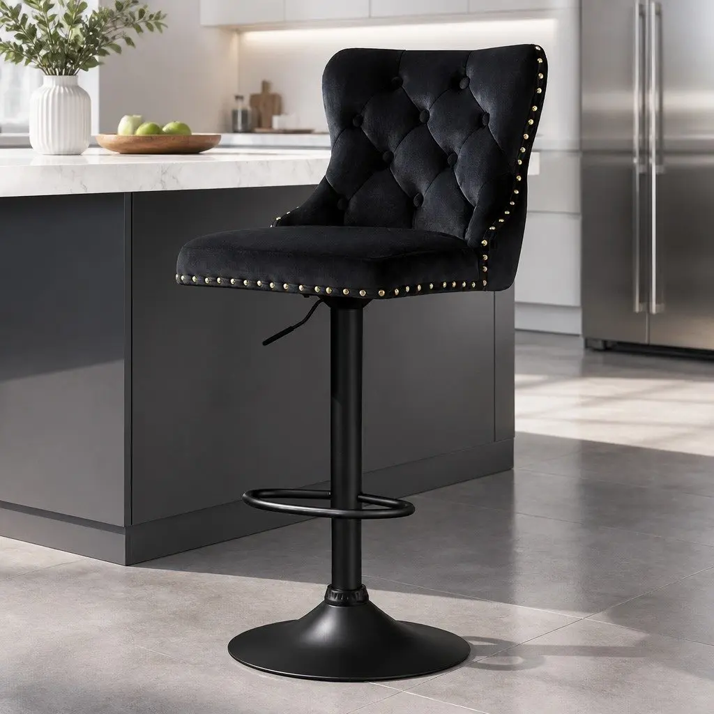 Velvet Adjustable Bar Stool with Nailhead Trim