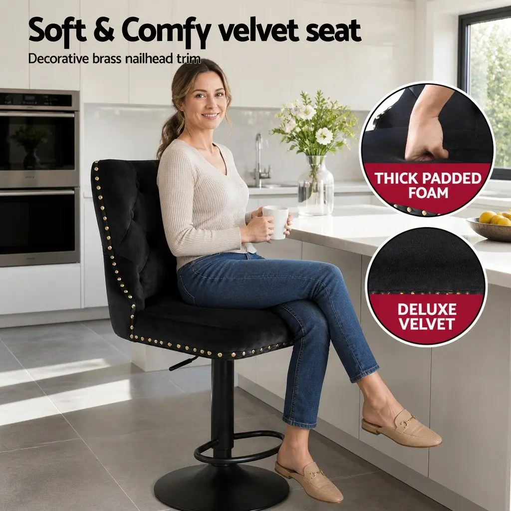Velvet Adjustable Bar Stool with Nailhead Trim
