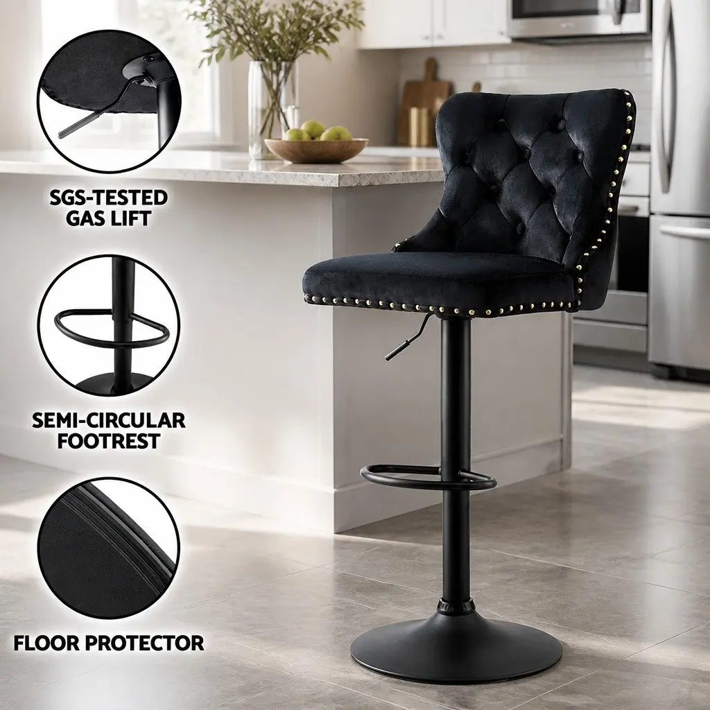 Velvet Adjustable Bar Stool with Nailhead Trim