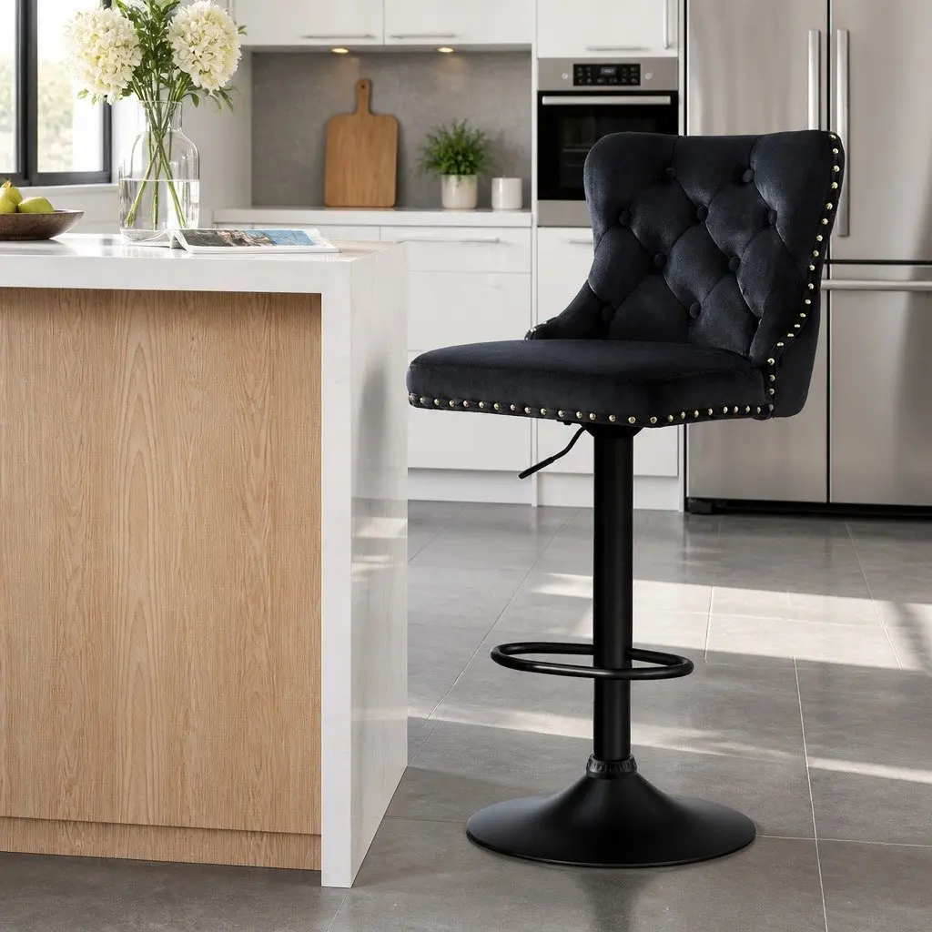 Velvet Adjustable Bar Stool with Nailhead Trim