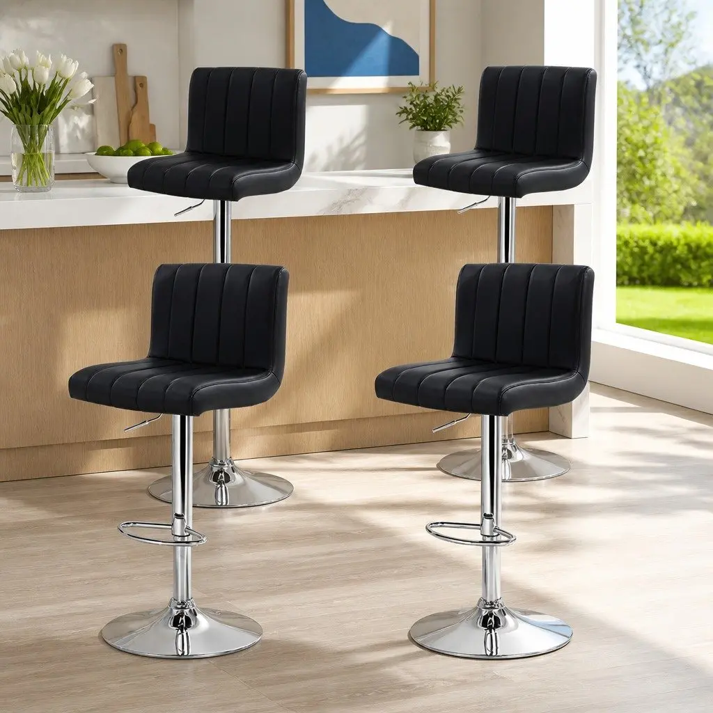 Set of 4 Black PU Leather Bar Stools with Chrome Base