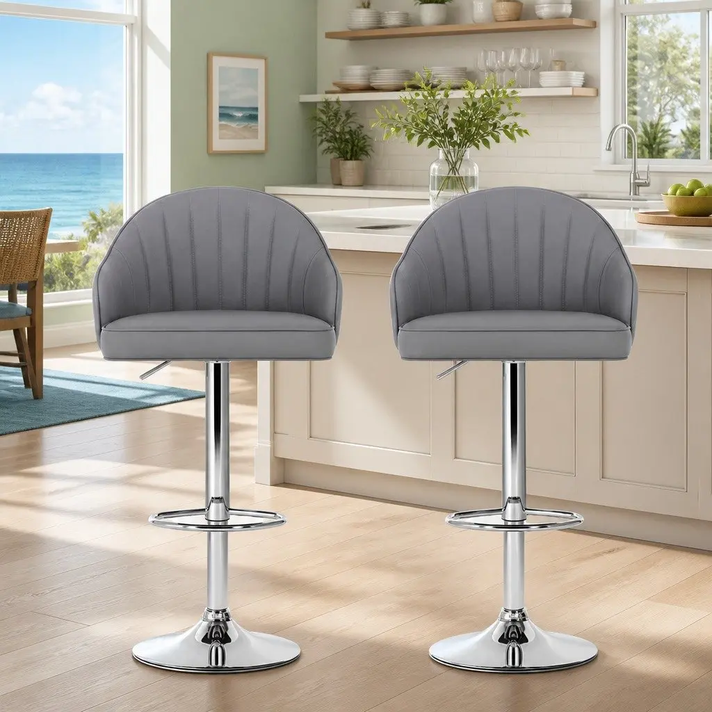 Bar Stools PU Leather Grey Set of 2 Adjustable Height Swivel Counter Chairs