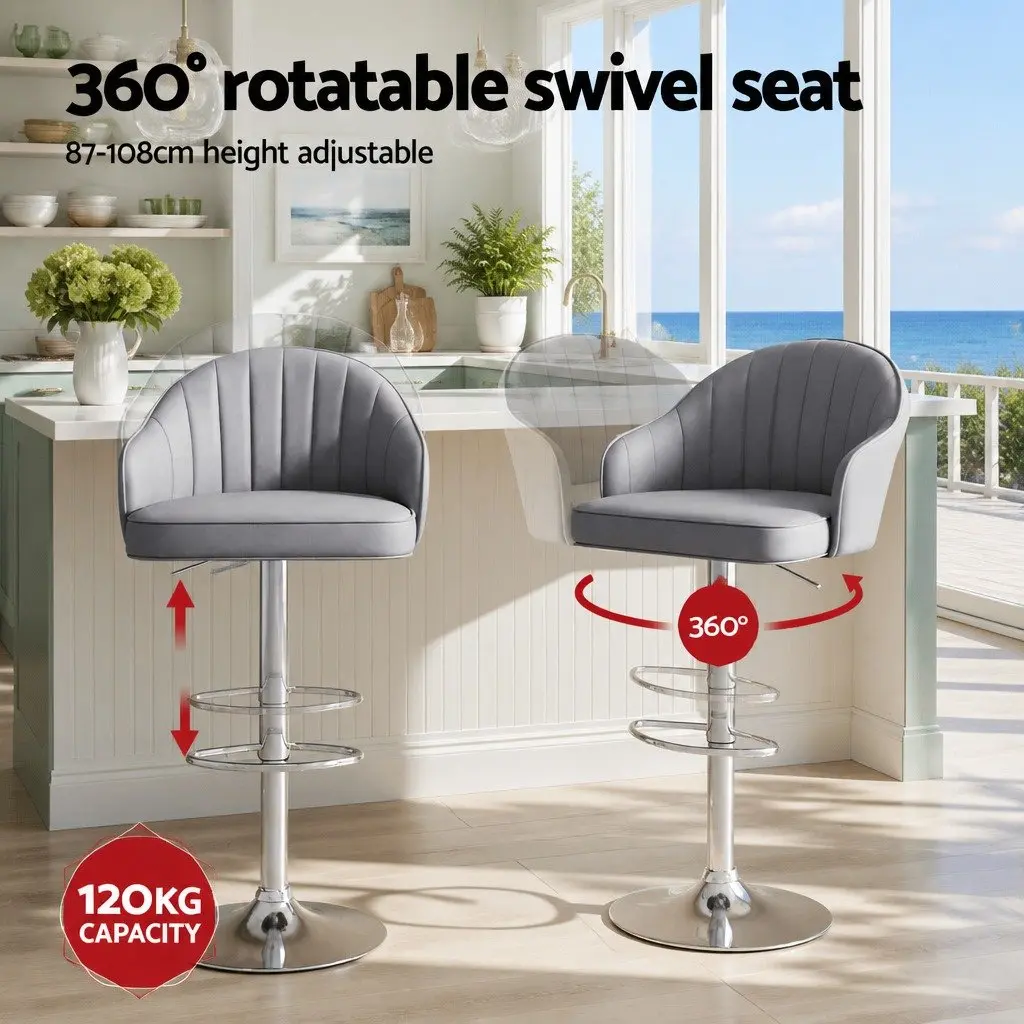 Bar Stools PU Leather Grey Set of 2 Adjustable Height Swivel Counter Chairs