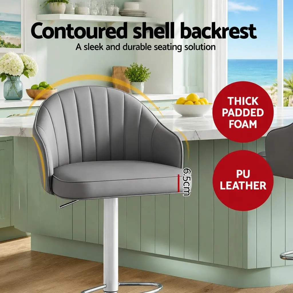 Bar Stools PU Leather Grey Set of 2 Adjustable Height Swivel Counter Chairs