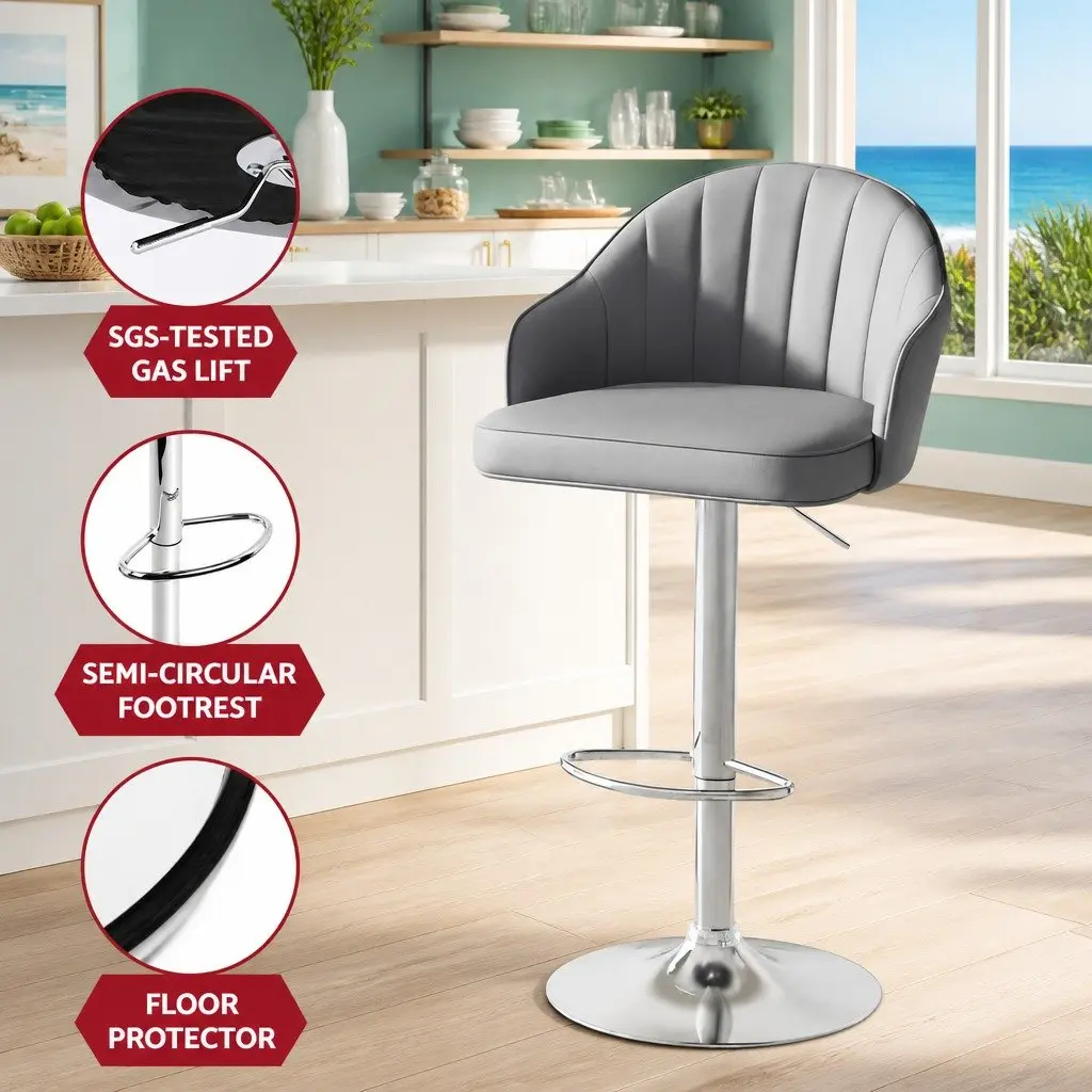Bar Stools PU Leather Grey Set of 2 Adjustable Height Swivel Counter Chairs