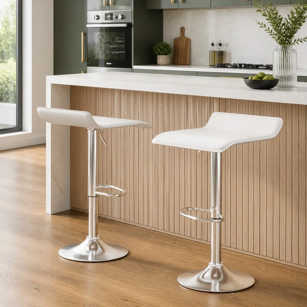 Adjustable Height White PU Leather Bar Stools x2
