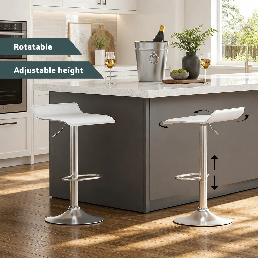 Adjustable Height White PU Leather Bar Stools x2