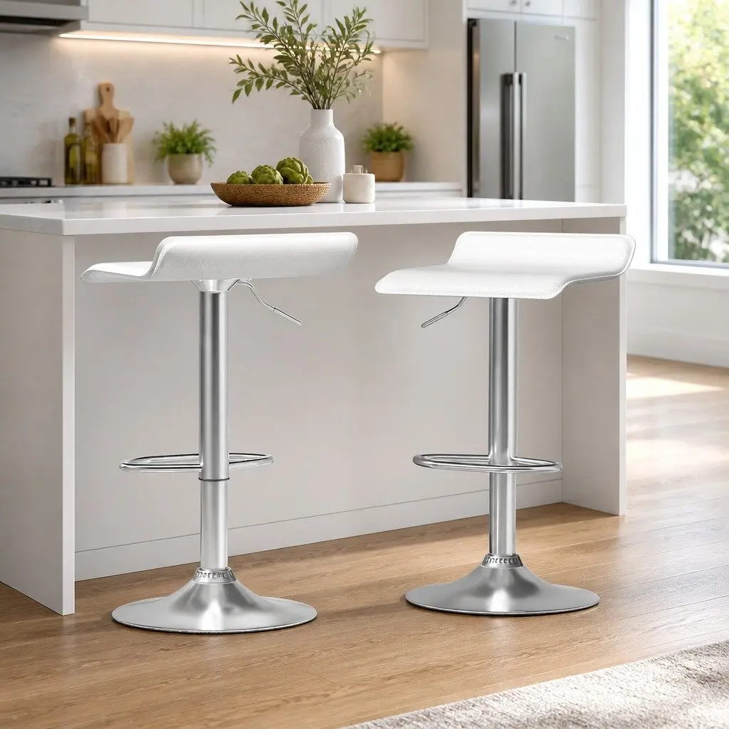 Adjustable Height White PU Leather Bar Stools x2