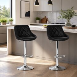 Stylish Black Leather Bar Stools with Gas Lift and Swivel - Set of 2