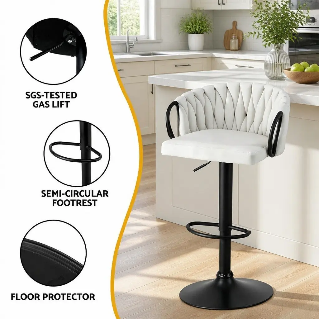 Bar Stools Velvet Woven Adjustable Height Beige 2 Piece