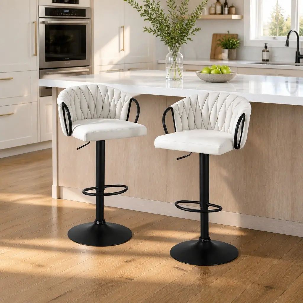 Bar Stools Velvet Woven Adjustable Height Beige 2 Piece