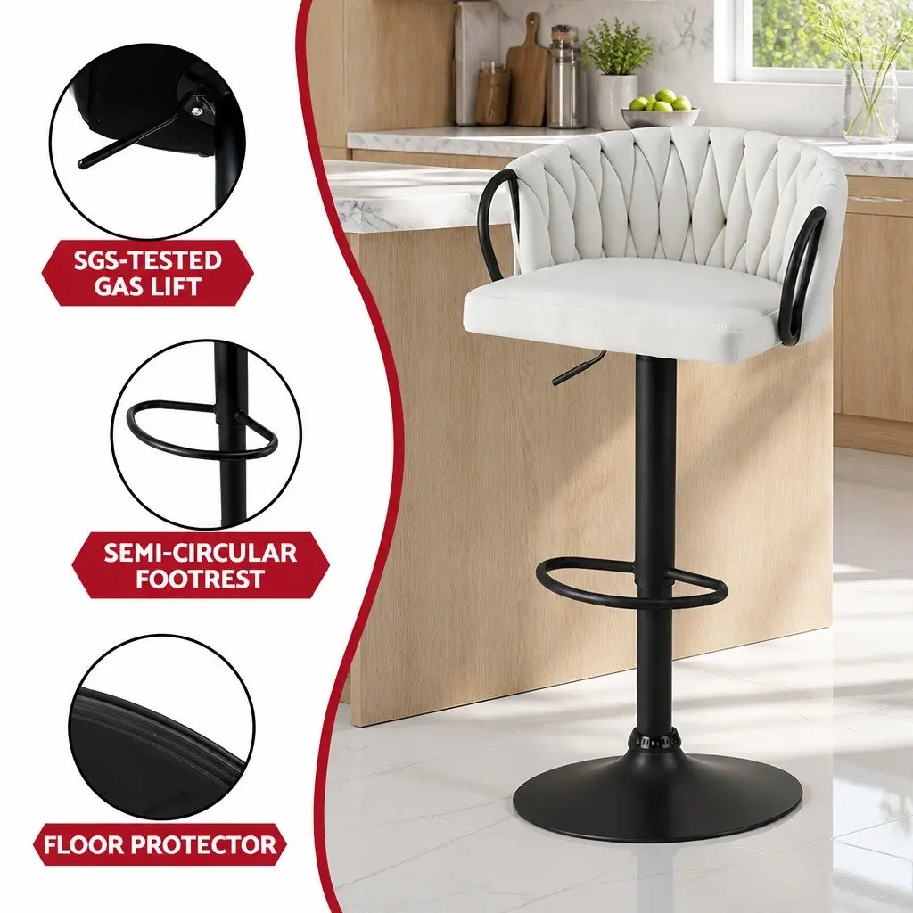 Bar Stool Velvet Adjustable Height Kitchen Dining Chair Beige Metal Frame
