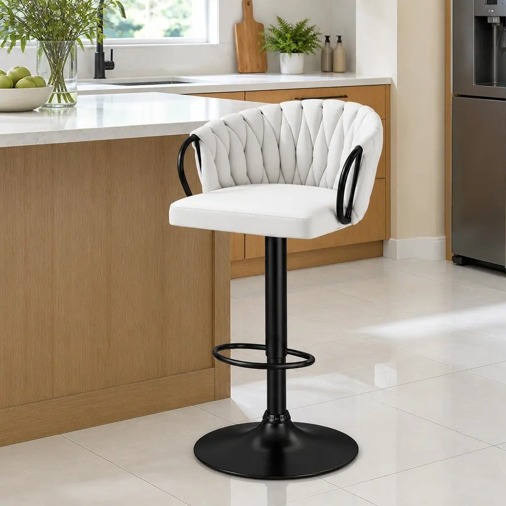 Bar Stool Velvet Adjustable Height Kitchen Dining Chair Beige Metal Frame