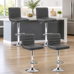 Bar Stools Set of 4 Grey PU Leather Padded Seat Chrome Base Adjustable Height