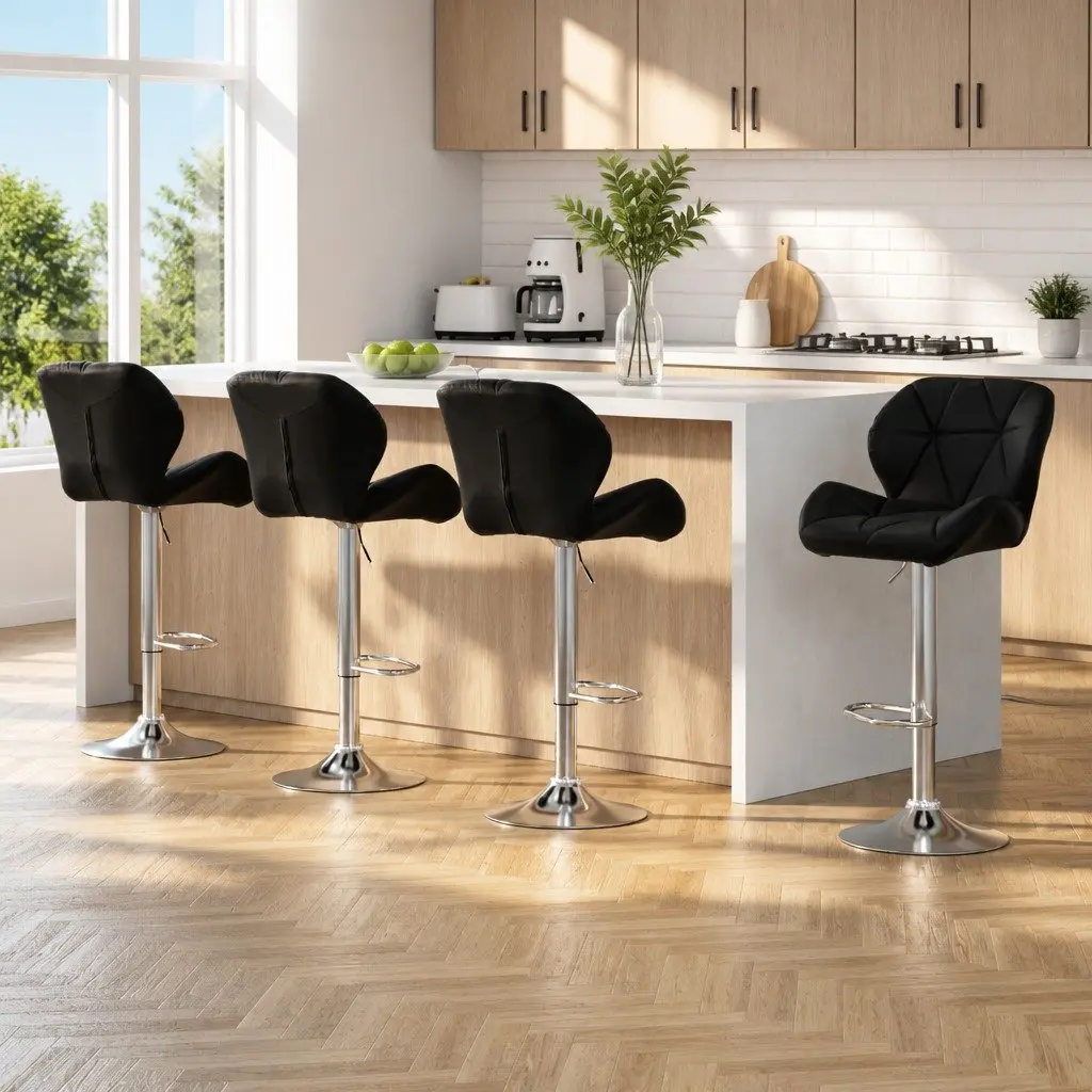 Bar Stools PU Leather Adjustable Height Black Set of 4 Swivel Seat