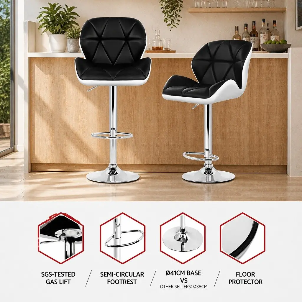 Bar Stools Gas Lift Padded Seat 360 Swivel Adjustable Height Chrome Base Set of