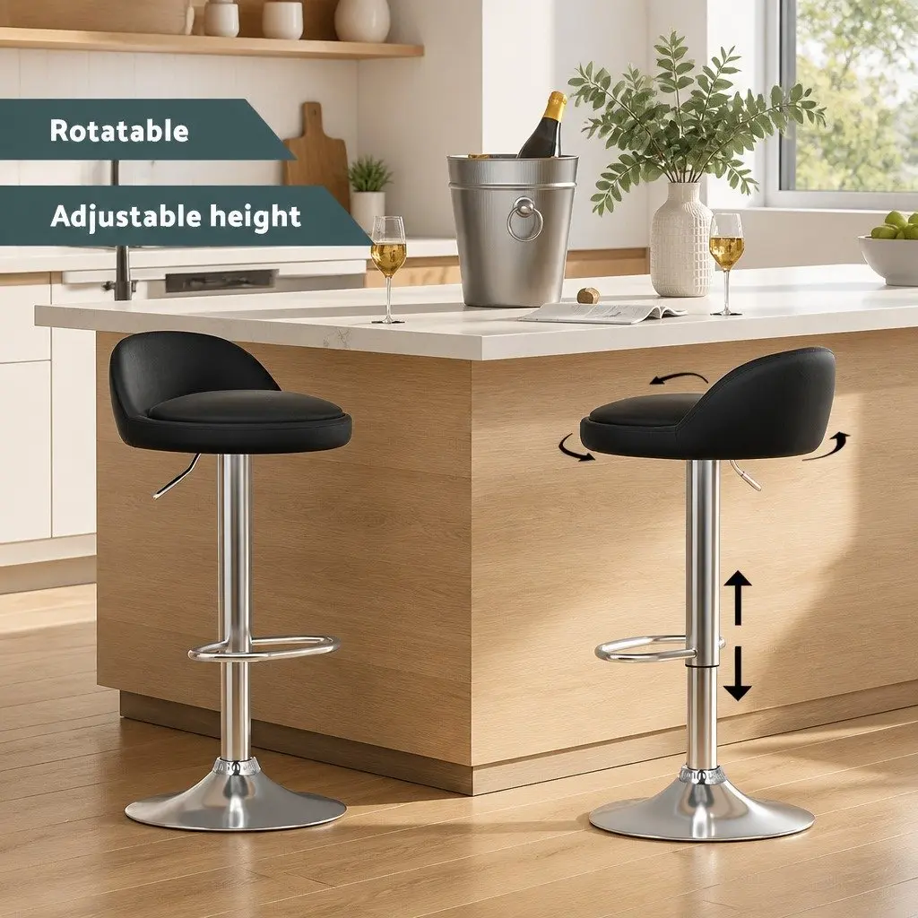 Bar Stools x2 PU Leather Gas Lift Adjustable Height Swivel Chair Kitchen Counter