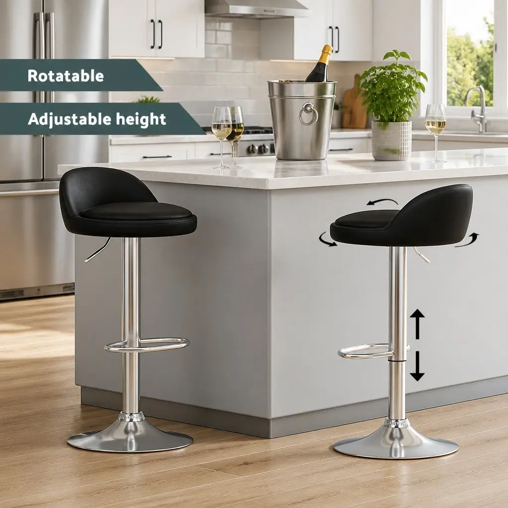 Bar Stools PU Leather Adjustable Height Swivel Set of 4 Black