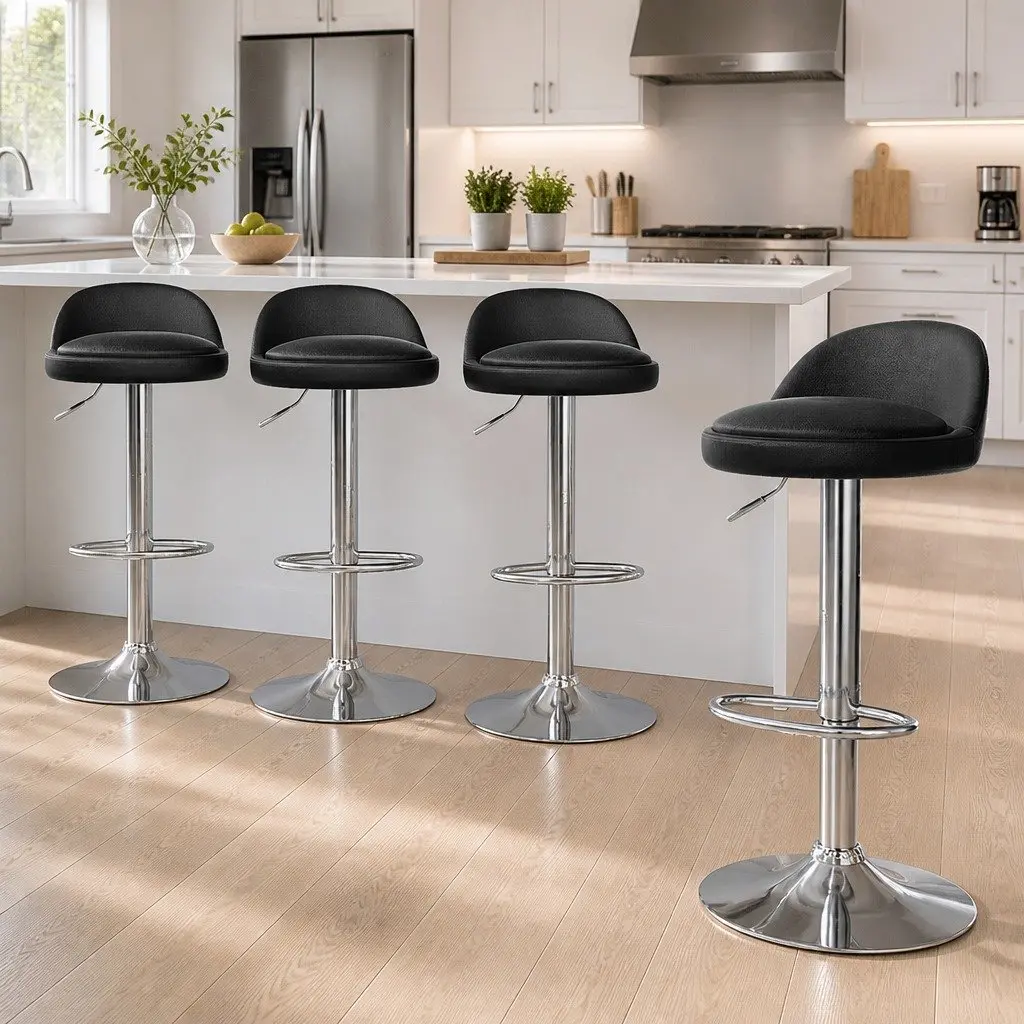Bar Stools PU Leather Adjustable Height Swivel Set of 4 Black