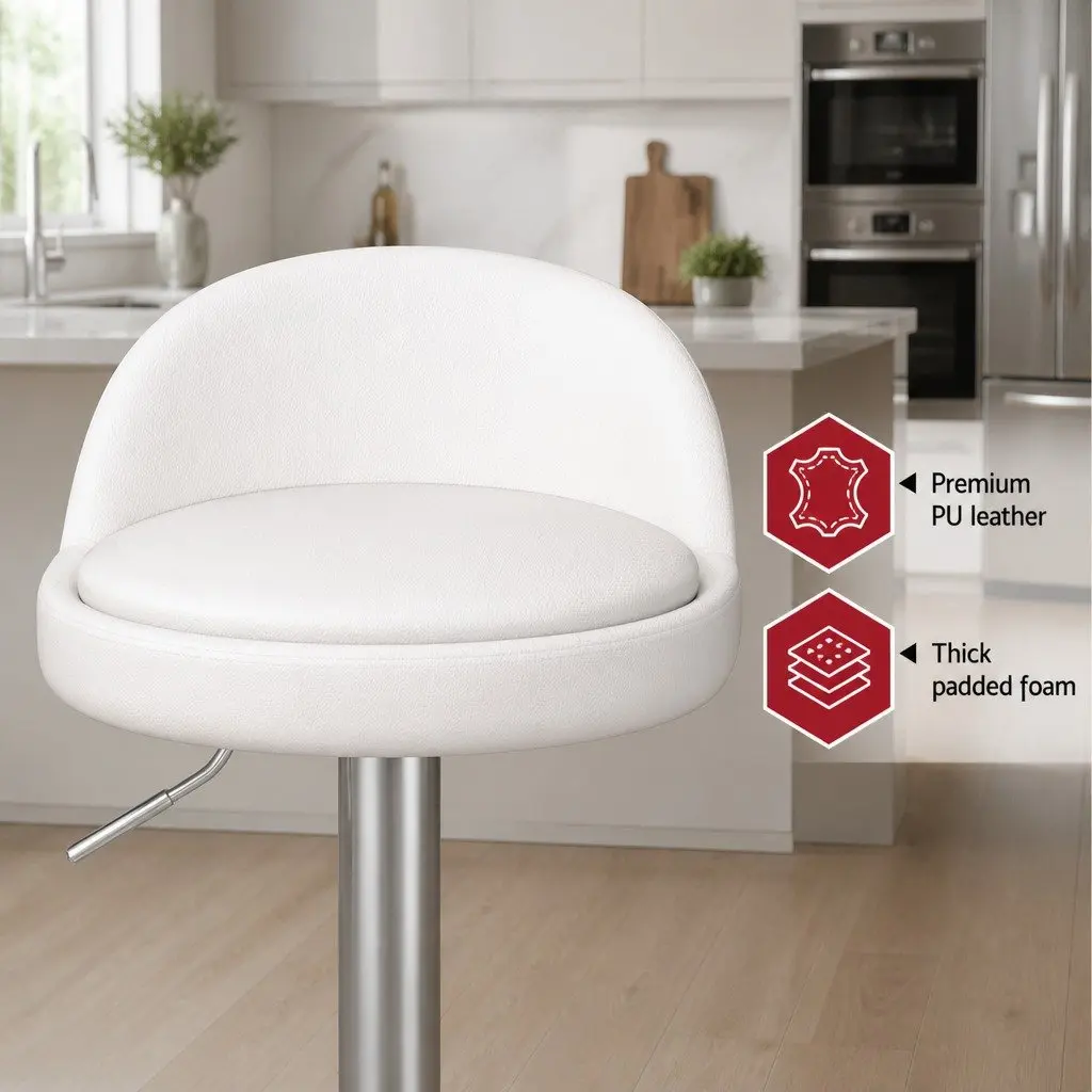 Bar Stools PU Leather White Adjustable Height Swivel Kitchen Counter