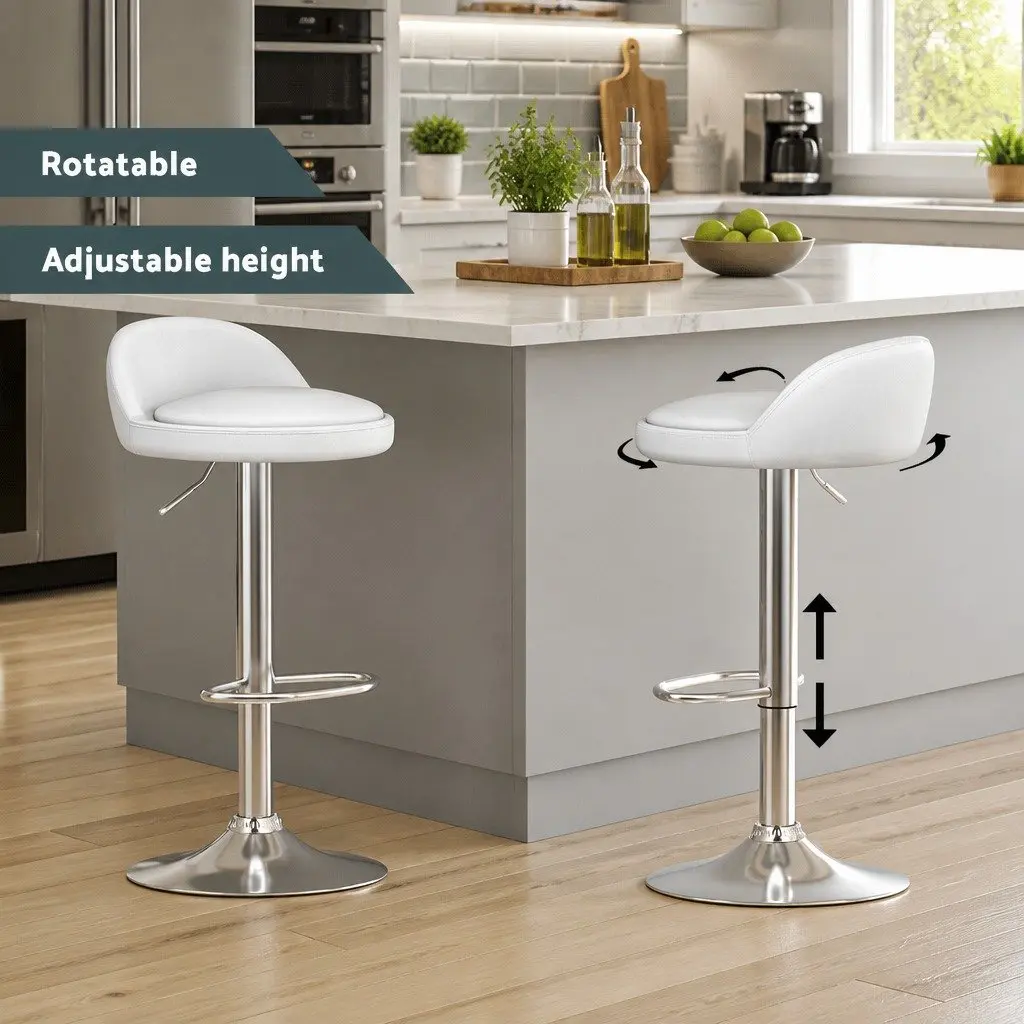 Bar Stools PU Leather White Adjustable Height Swivel Kitchen Counter
