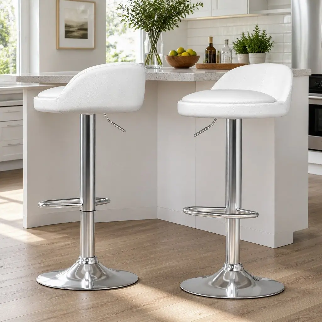 Bar Stools PU Leather White Adjustable Height Swivel Kitchen Counter