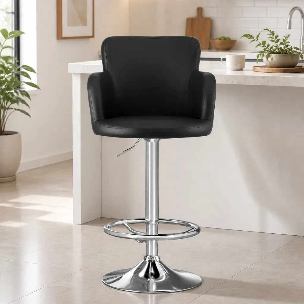 Set of 2 Black PU Leather Swivel Bar Stools