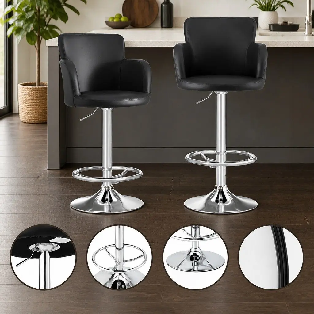 Set of 2 Black PU Leather Swivel Bar Stools