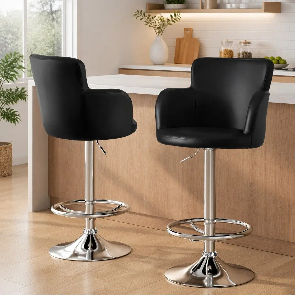 Set of 2 Black PU Leather Swivel Bar Stools