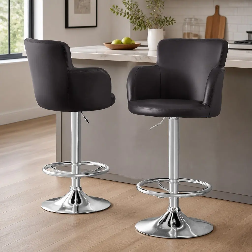 Adjustable Brown PU Leather Bar Stools with Swivel Function