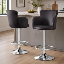 Adjustable Brown PU Leather Bar Stools with Swivel Function