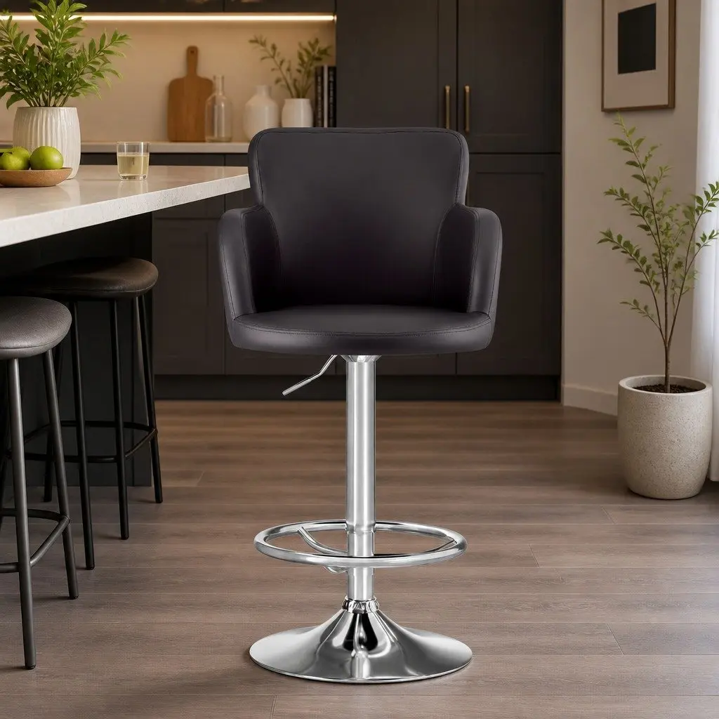 Adjustable Brown PU Leather Bar Stools with Swivel Function