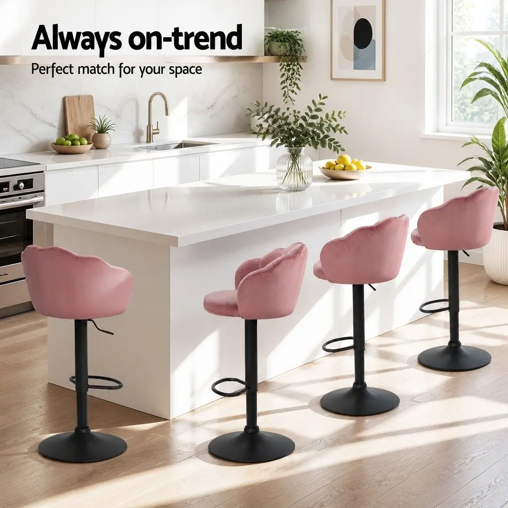 Bar Stools Velvet Pink 4 Pack Adjustable Height Swivel Kitchen Counter Seating