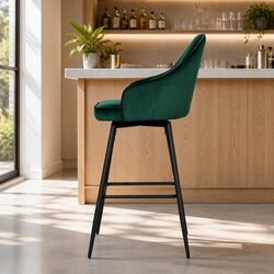 2x Bar Stools Swivel Velvet Padded Back Green Metal Legs Kitchen Dining