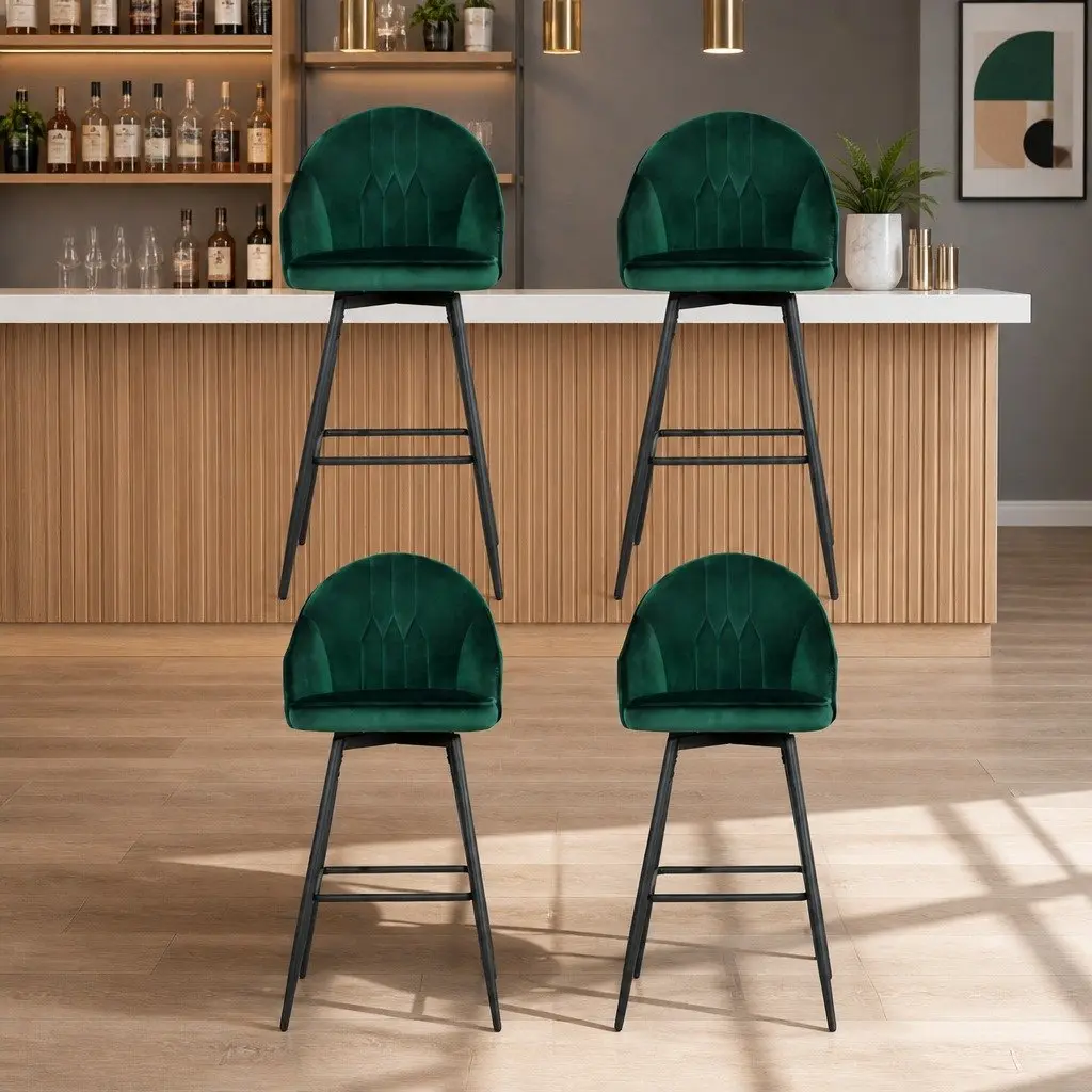 Set of 4 Swivel Bar Stools with Green Velvet Upholstery