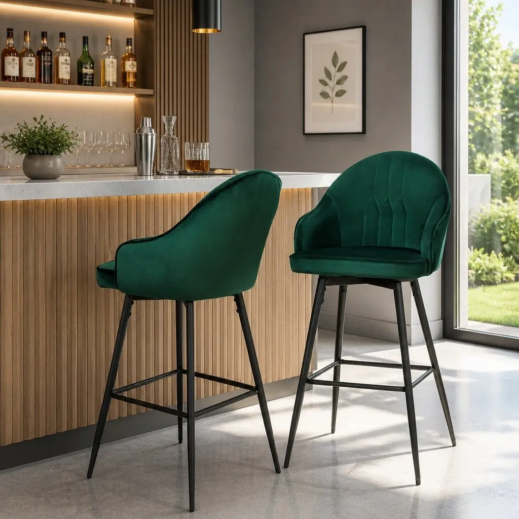 Set of 4 Swivel Bar Stools with Green Velvet Upholstery