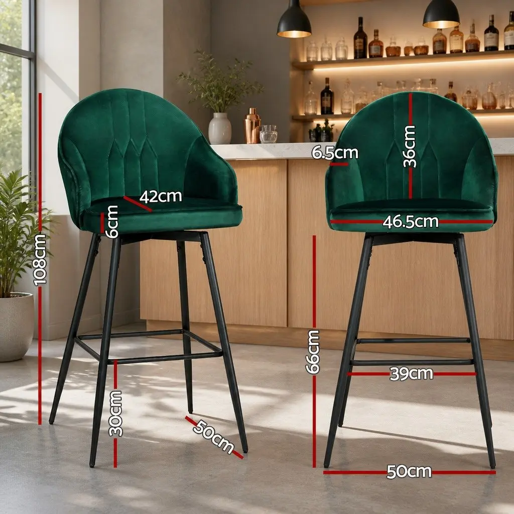 Set of 4 Swivel Bar Stools with Green Velvet Upholstery