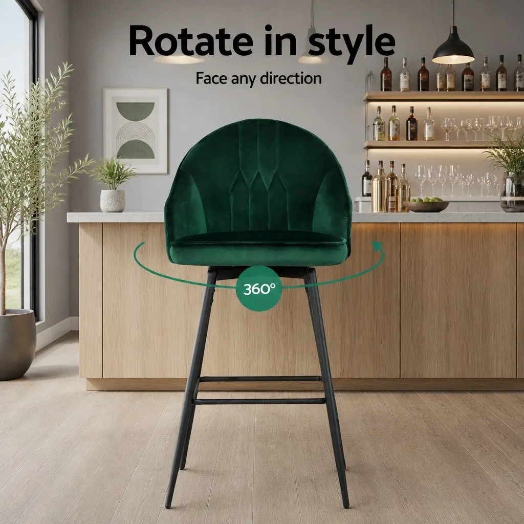 Set of 4 Swivel Bar Stools with Green Velvet Upholstery