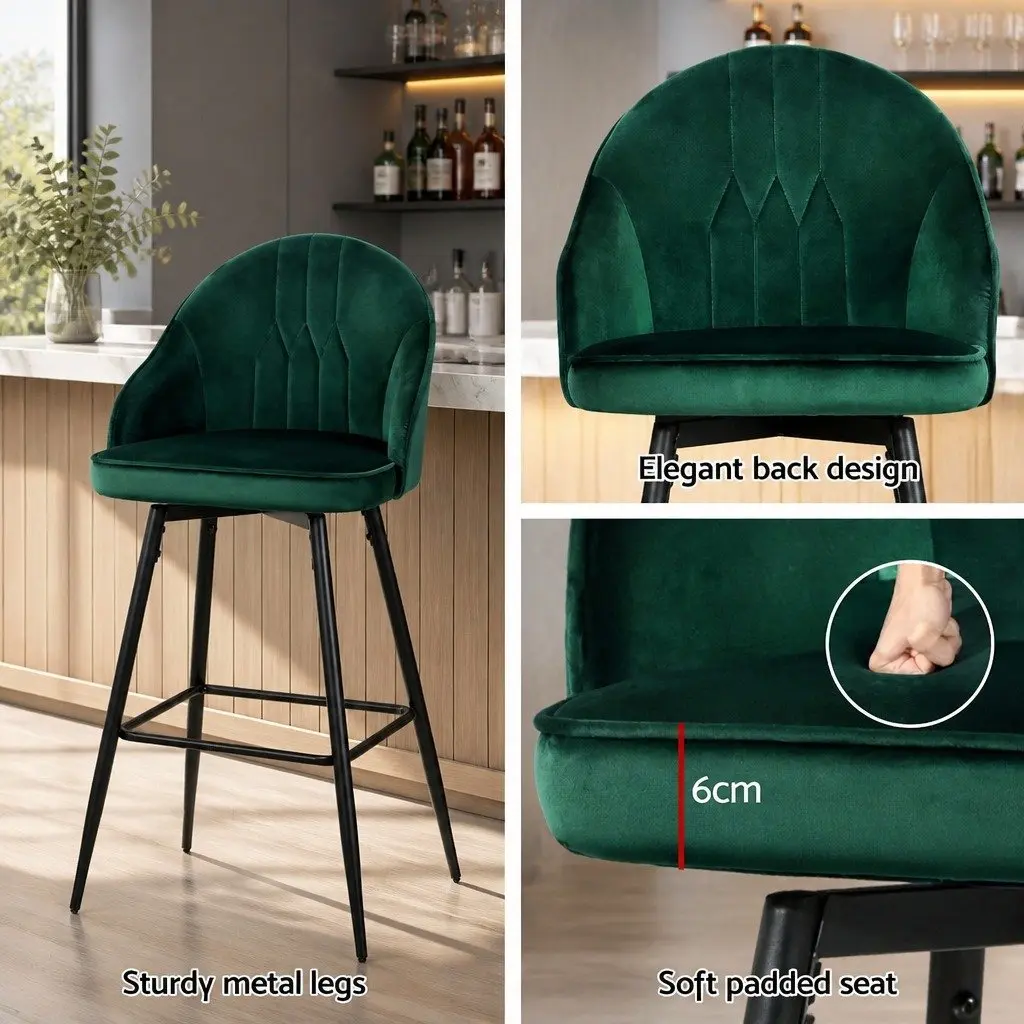 Set of 4 Swivel Bar Stools with Green Velvet Upholstery