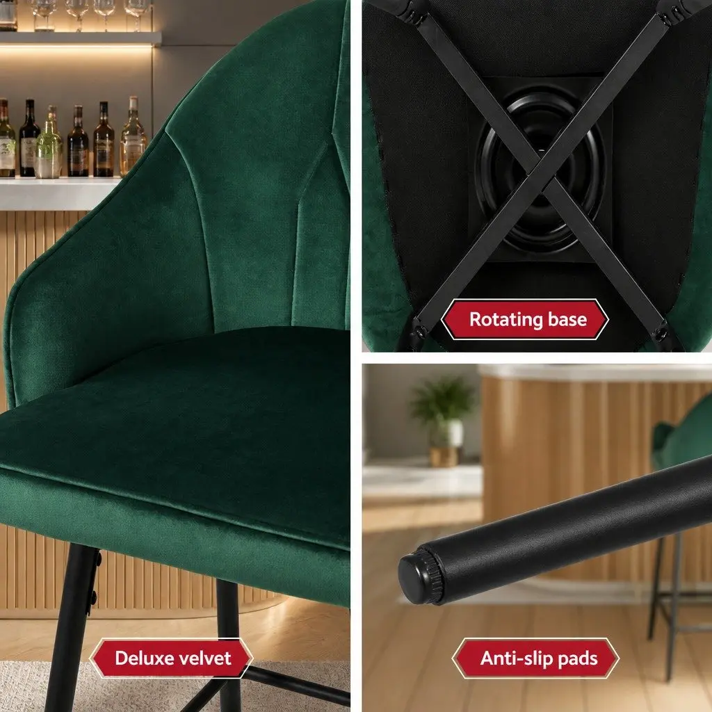 Set of 4 Swivel Bar Stools with Green Velvet Upholstery
